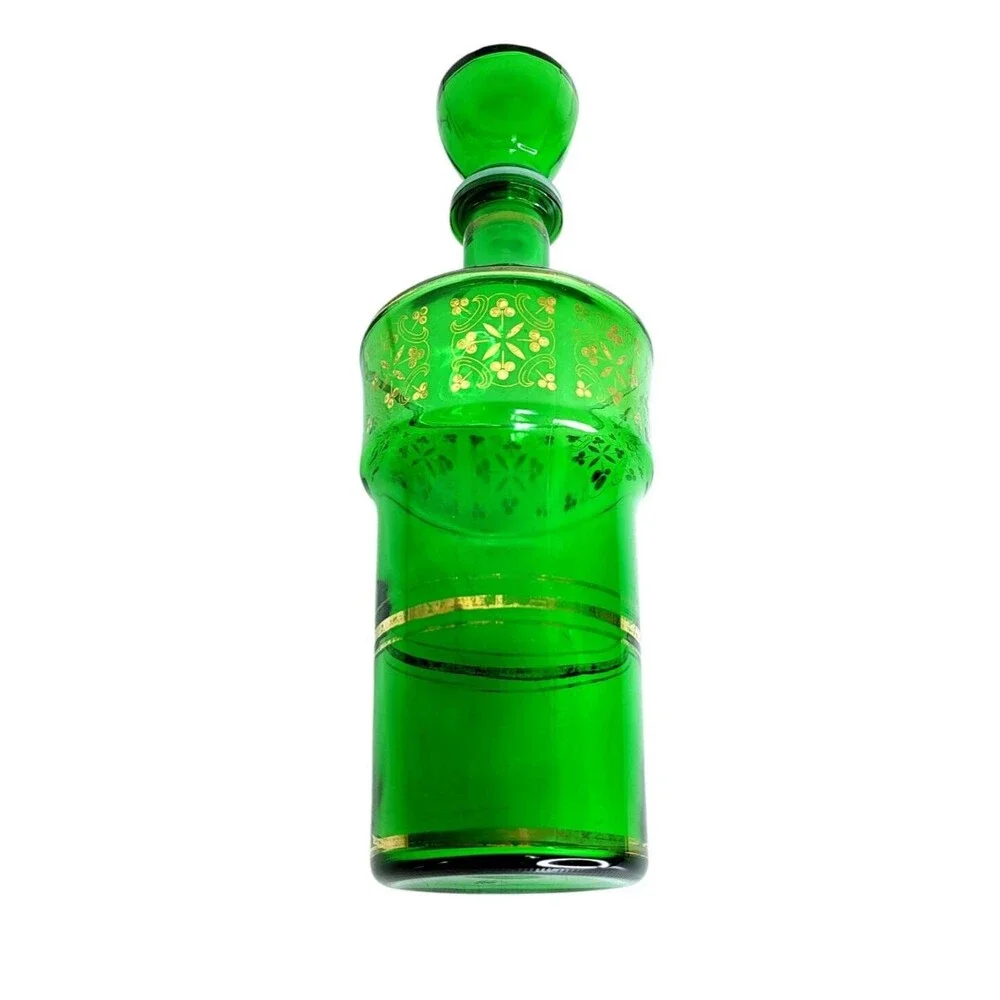 VTG MCM 60s JAY Emerald Green Glass Barware Liqueur Decanter 24kt Gold Clovers